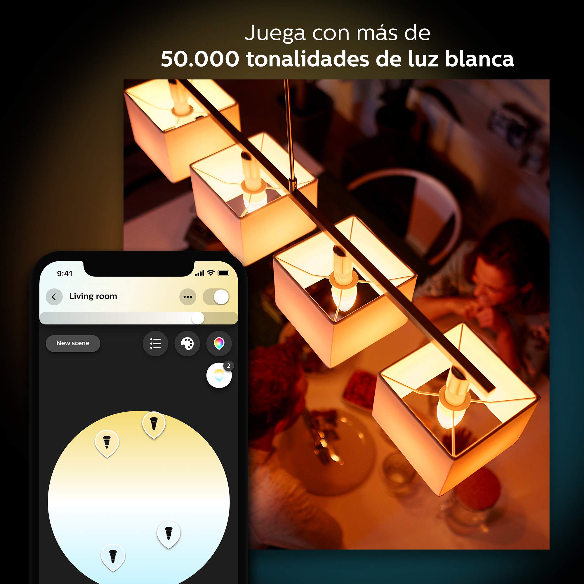 Philips Hue Pack 2 Bombillas Inteligentes LED E14, Luz Blanca, Compatible con Alexa y Google Home, 6.5 W, White and Color Ambiance