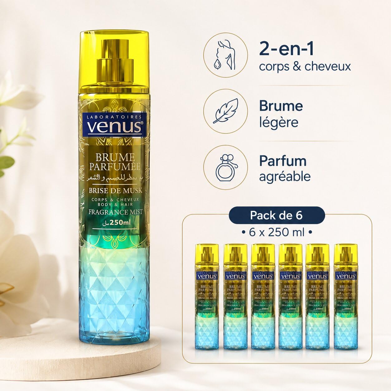 Venus Brume Parfumée Brise de Musk 250ml – Pack de 6 Bouteilles – Brume Corporelle Femme, Parfum Léger Musqué pour Corps et Routine Beauté