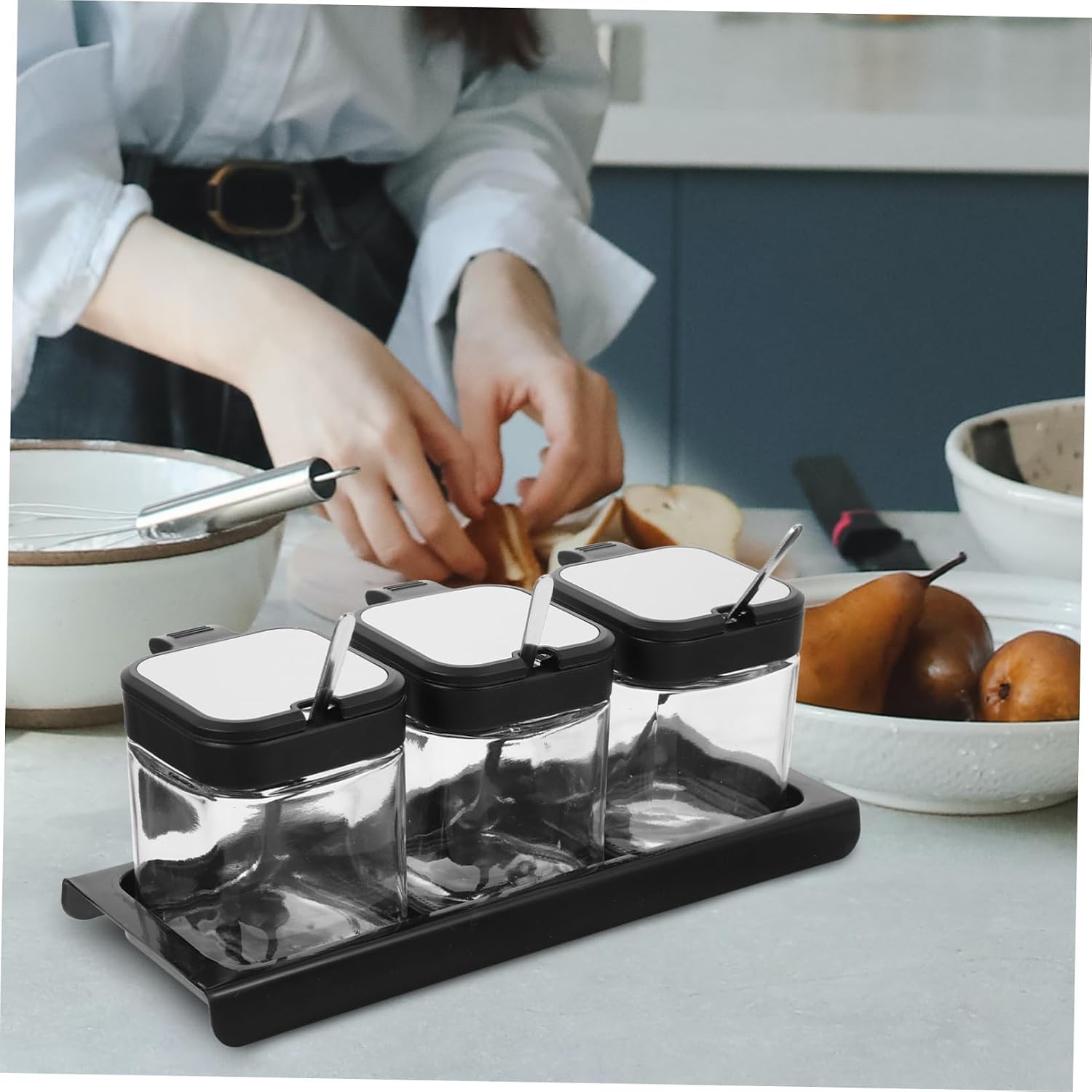COLLBATH Glass Seasoning Jar Set with Tray, 255ml Black Plastic Holder