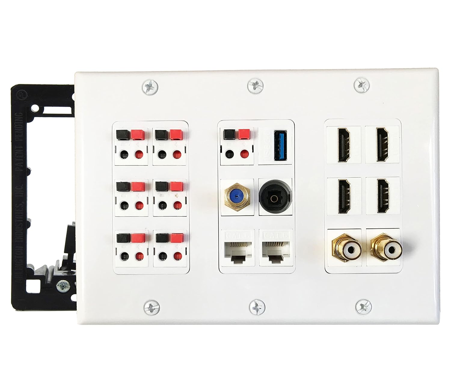 Premium 7.2 Speaker Wall Plate, 7 Female to Female Keystone, 4 HDMI, 2 RCA Subwoofer, 2 Cat6 Ethernet, 1 USB 3.0, 1 Audio Toslink, 1 Gold Coax, 3 Gang, for Home Speaker