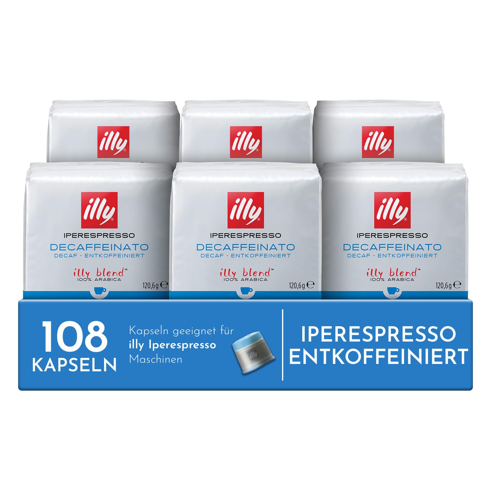 illy, Iperespresso Kapseln ENTKOFFEINIERT, 100 % Arabica mit Noten von Karamell, Schokolade und Geröstetem Brot, Koffeinfrei, Harmonischer Geschmack, 6 Packungen à 18 Kapseln (Insgesamt 108 Kapseln)