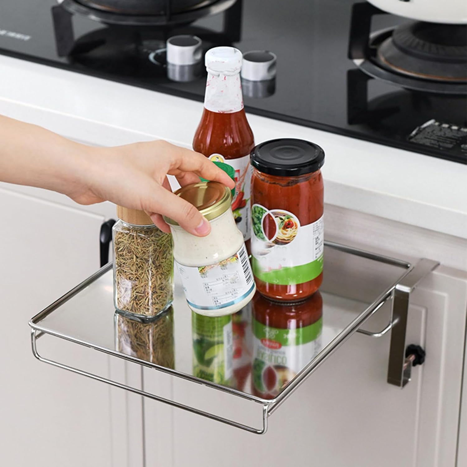 Foldable Cabinet Door Organizer, Stainless Steel Kitchen Storage Rack, Compact Portable Kitchen Helper Table, Countertop Shelf for Small Spaces, Silver