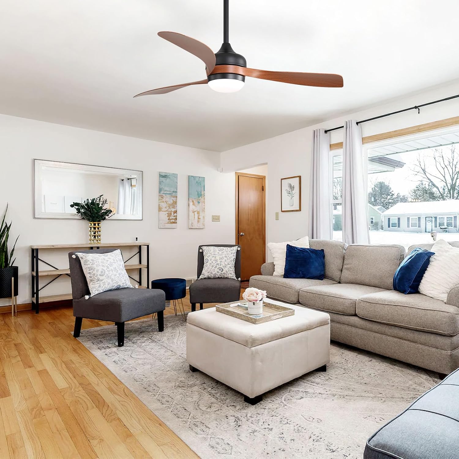 52-INCH Ceiling Fan with Reversible DC Motor and 18W LED Light,Remote Control,3 ABS Blades,Dimmable and Timable