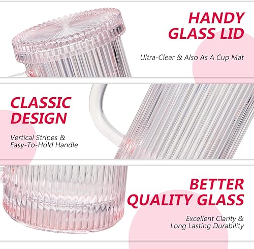 Miniatura 5 de 2 tazas de café de vidrio transparente con tapas de vidrio taza de té vintage con rayas verticales vasos clásicos acanalados con asas tazas de café