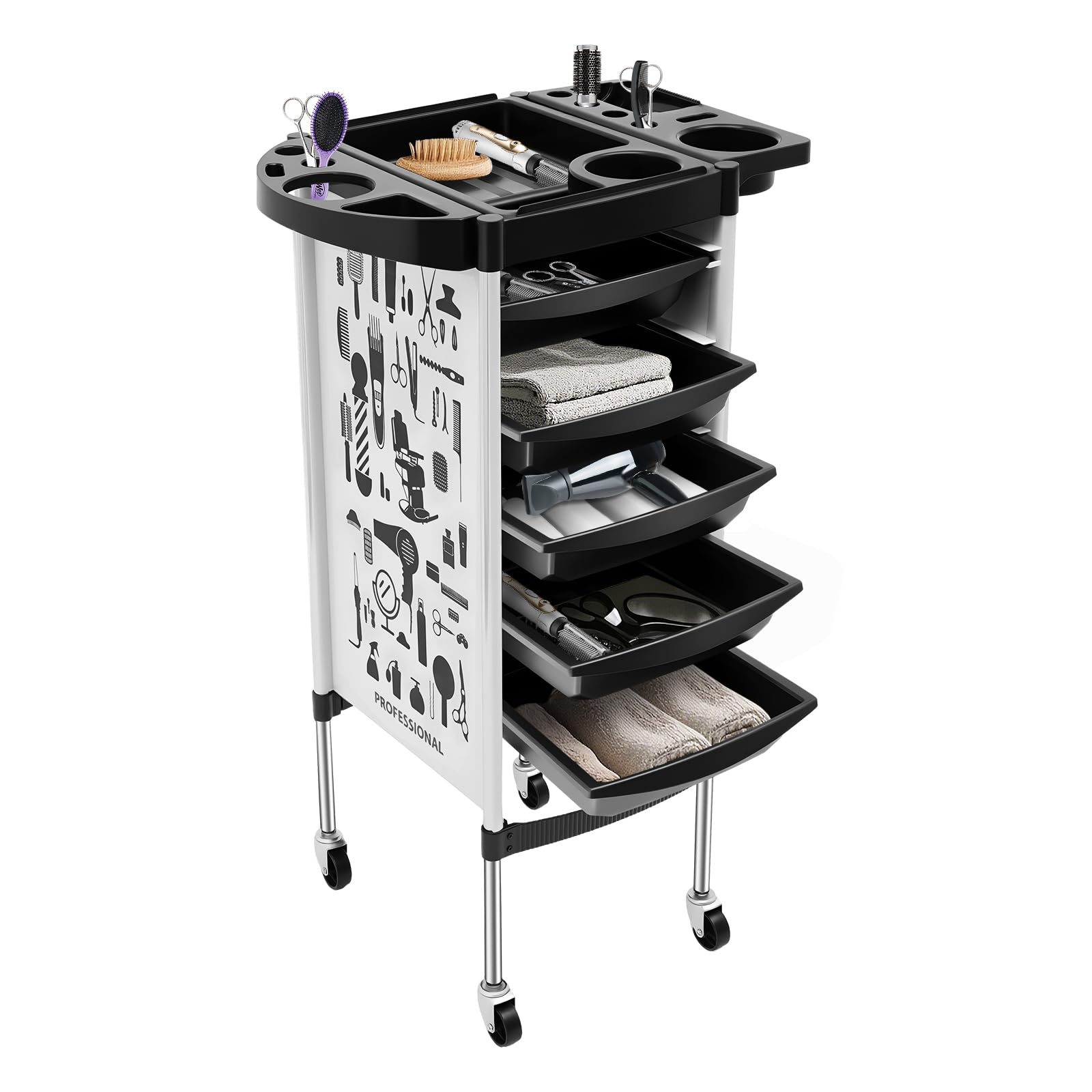 Mermajestic Black, Grey White 5 Drawer Salon Rolling Cart Hairdressing Trolley, Storage Drawers On Wheels With Foldable Side Tray And Multi-Compartment Top, Art Storage For Hairdressers & Beauticians, 220Lbs Capacity