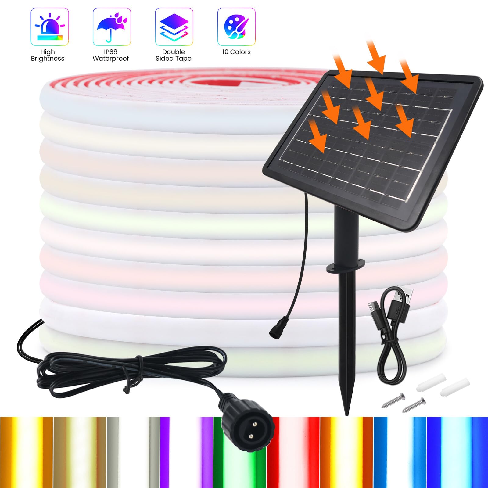 24V Striscia solare esterna [5M, bianco caldo], IP68 impermeabile striscia neon COB LED flessibile per interni, 7200MAH, 8 modalità di illuminazione, illuminazione giardino/patio/balcone