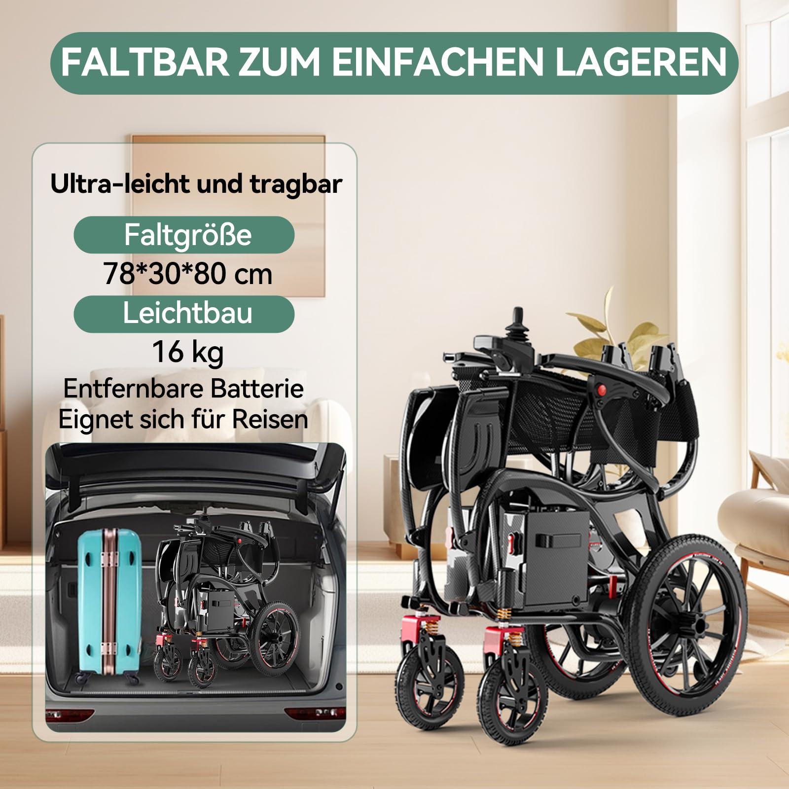 Elektrischer Rollstuhl Faltbar, Kohlefaser, 16 kg Leichtgewicht (ohne Akku), 25 km Reichweite, 150 kg Tragfähigkeit, 500W Motor, Abnehmbarer Lithium-Akku, Für Erwachsene – Ideal für Reisen & Alltag