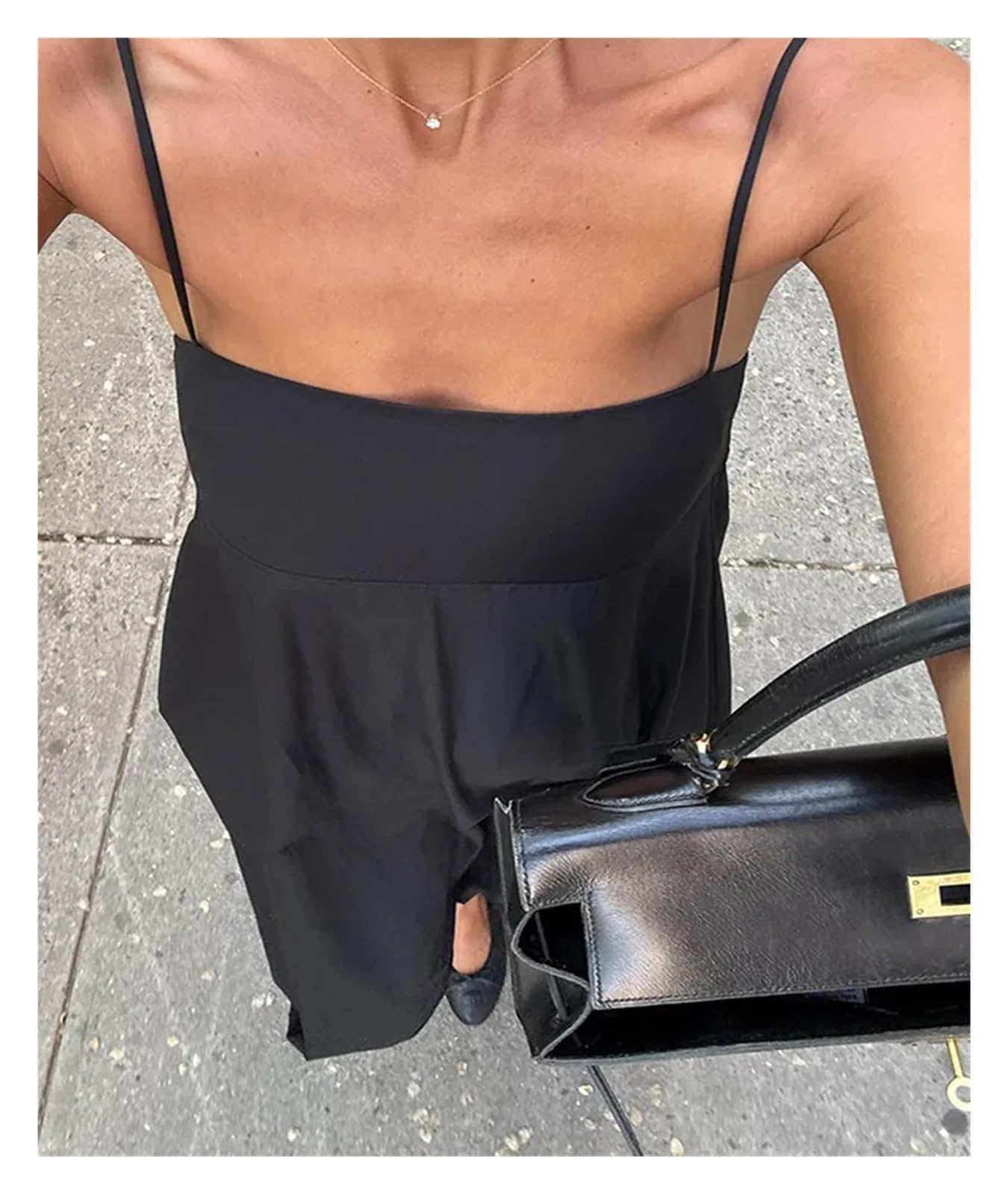 Fond De Robe Femme Robe longue noire dos nu à bretelles for femme, décontractée, ample, col carré, taille haute