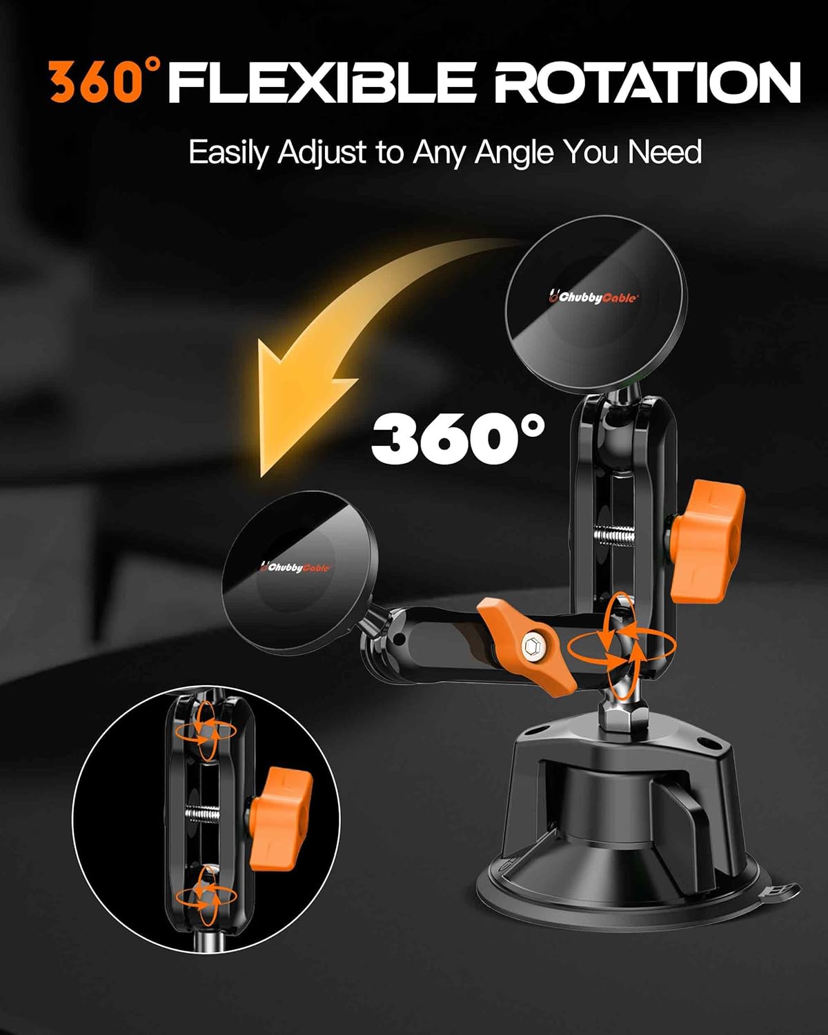 chubbycable ChubbyGrip Magnetic Dash Mount Vacuum Magnetic Phone Holder for Your Car 360° Adjustable Suction Cup Magsafe Car Phone Mount for Windshield Dashboard, Magnetic Phone Holder, Orange