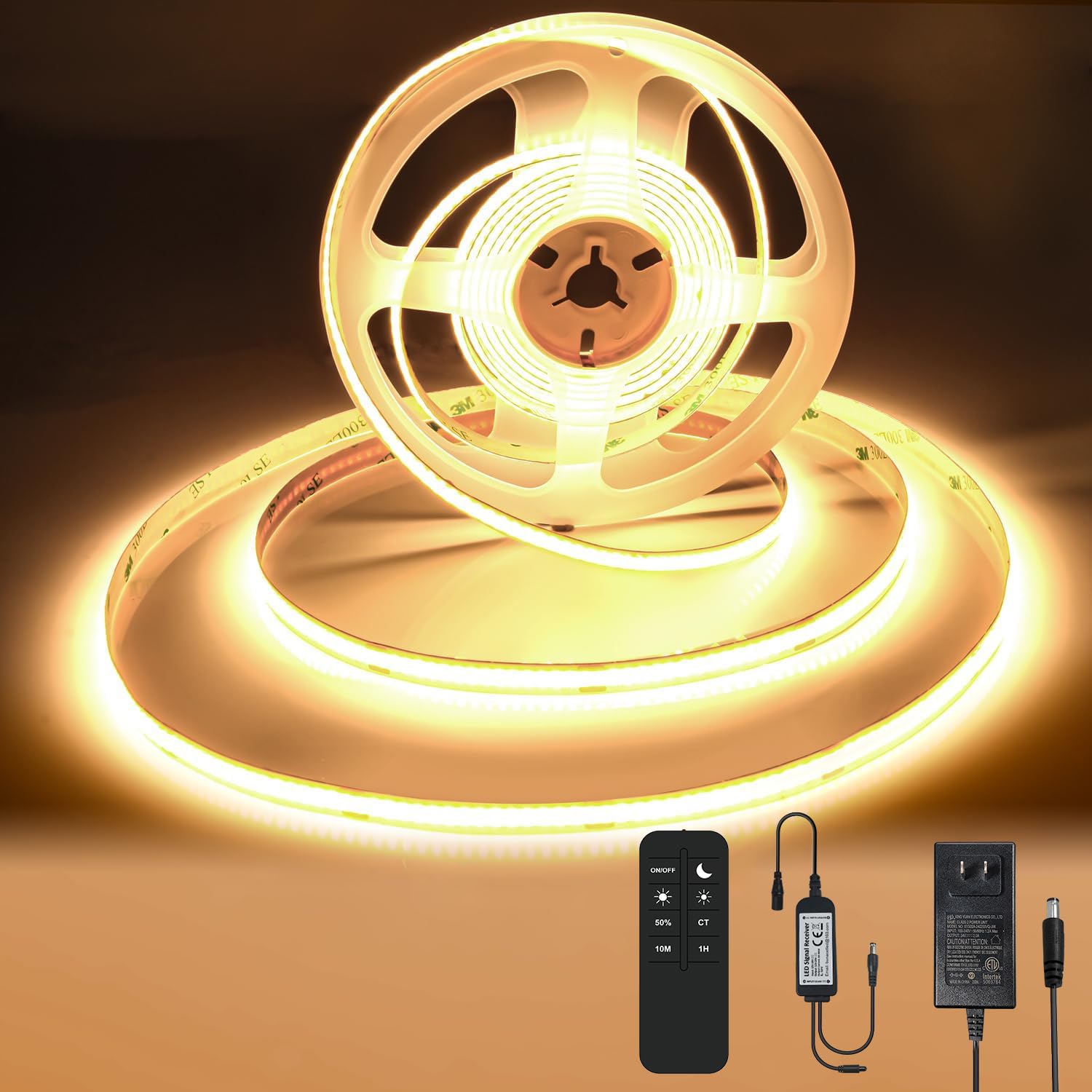 COB LED Streifen 12M, Warmweiß 3000K Dimmbar LED Strip 24V | CRI92+ Hohe Farbwiedergabe, 8mm mit Fernbedienung & Netzteil, Flexibles Lichtband für Küche, Spiegel, Wohnzimmer Dekoration