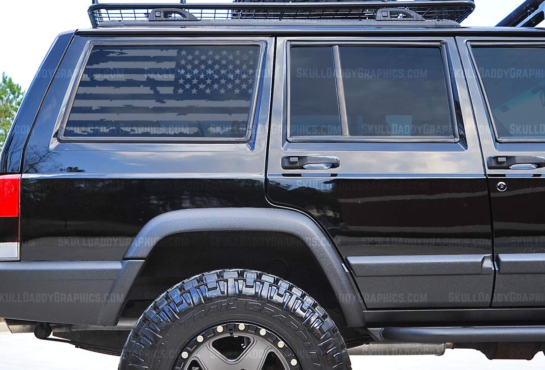 Skull Daddy Graphics PRECUT XJ Window USA Distressed Flag Decals Stickers to fit Jeep Cherokee 1987-2001 (Both Sides, Matte Black)