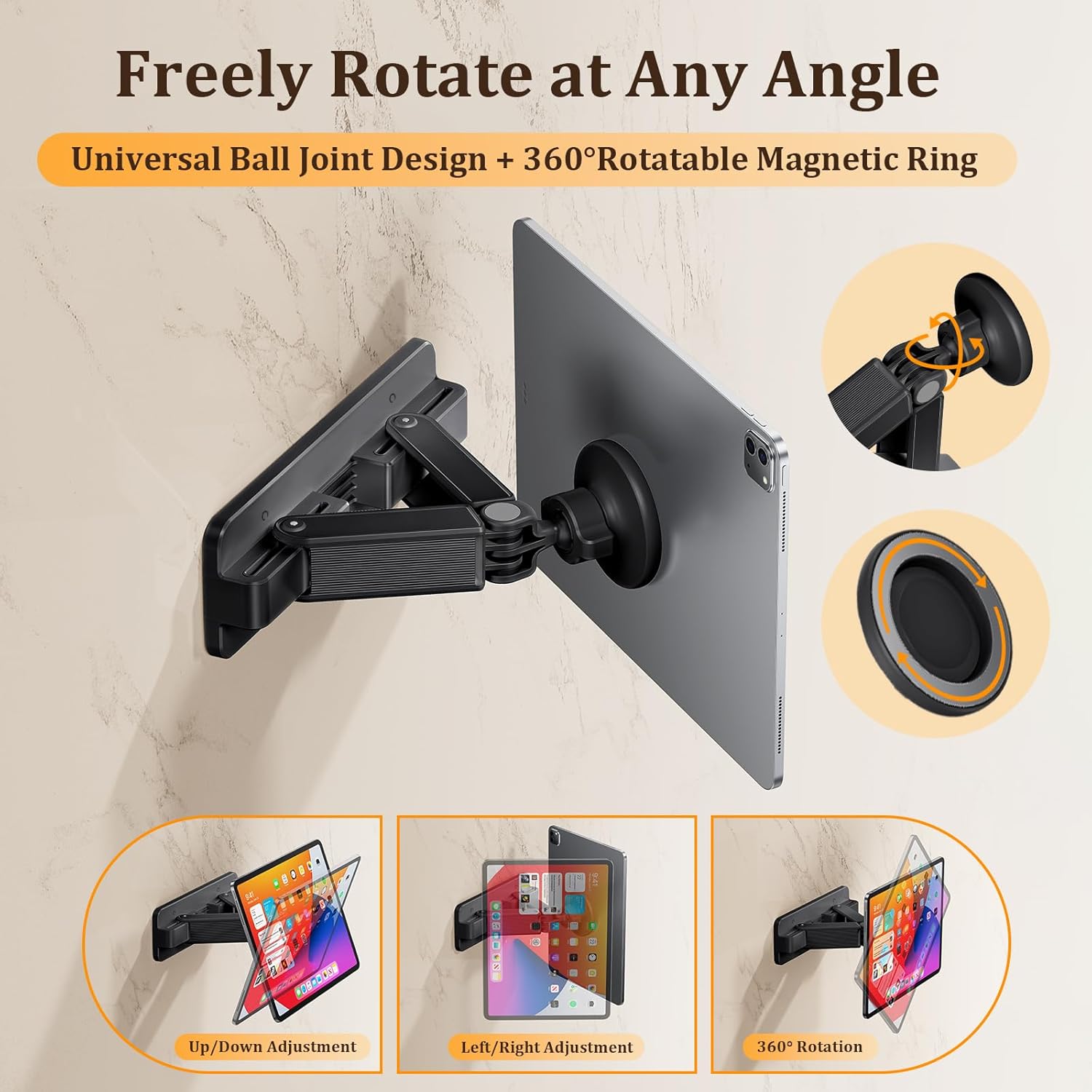 Magnetic Wall Mount for iPad,360°Rotation Tablet Wall Mount Holder,Adjustable & Foldable Tablet Stand for Kitchen Bathroom,Compatible with iPhone,iPad,Samsung,Galaxy Tab,Kindle