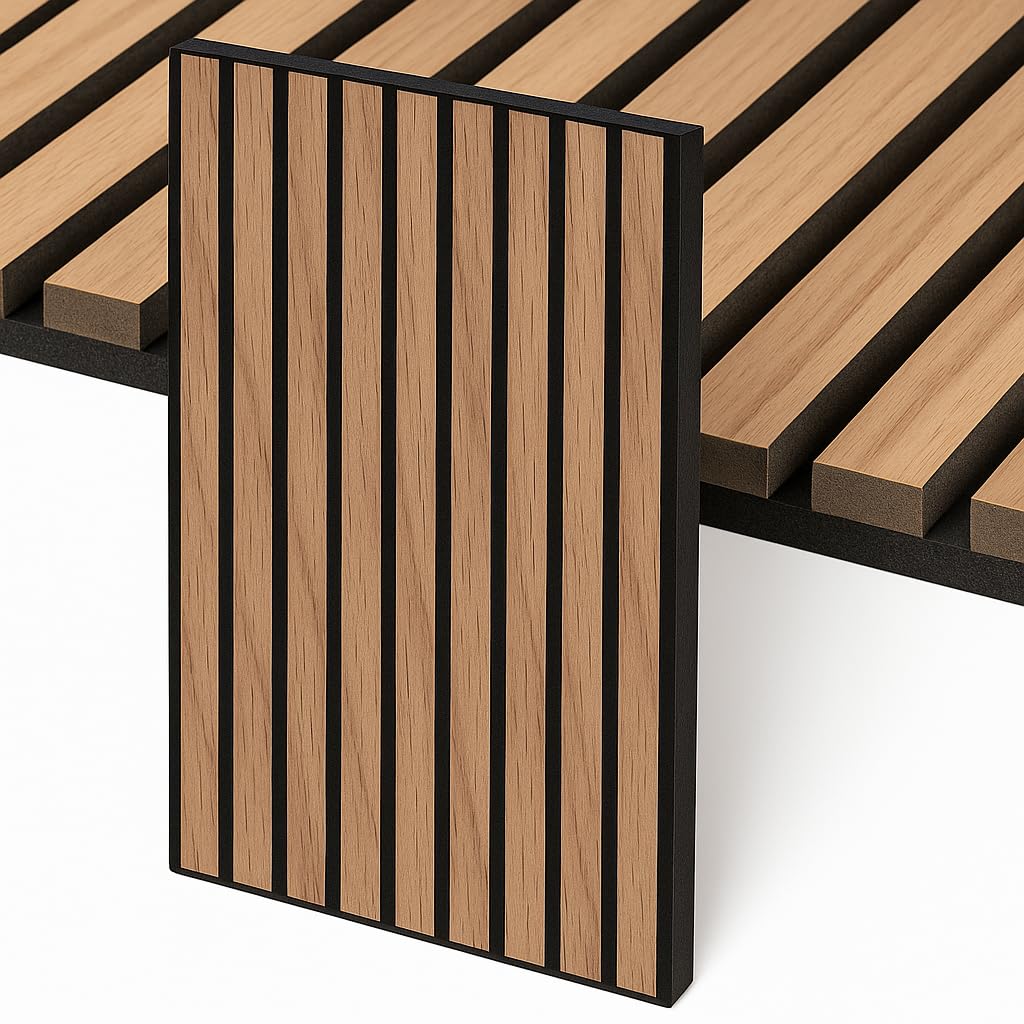 MASTERBRICO Pannello Fonoassorbente Decorativo Effetto Legno 275x60 cm – 1,65 mq per Pacco, Pannello Insonorizzante in MDF per Isolamento Acustico di Soffitto e Pareti, Spessore 6 mm (ROVERE)