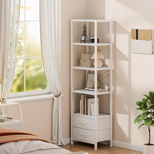 Miniatura 9 de Furnulem Estante esquinero de 5 niveles, estantería estrecha con 2 cajones de almacenamiento, estantería alta, estante organizador de estante de