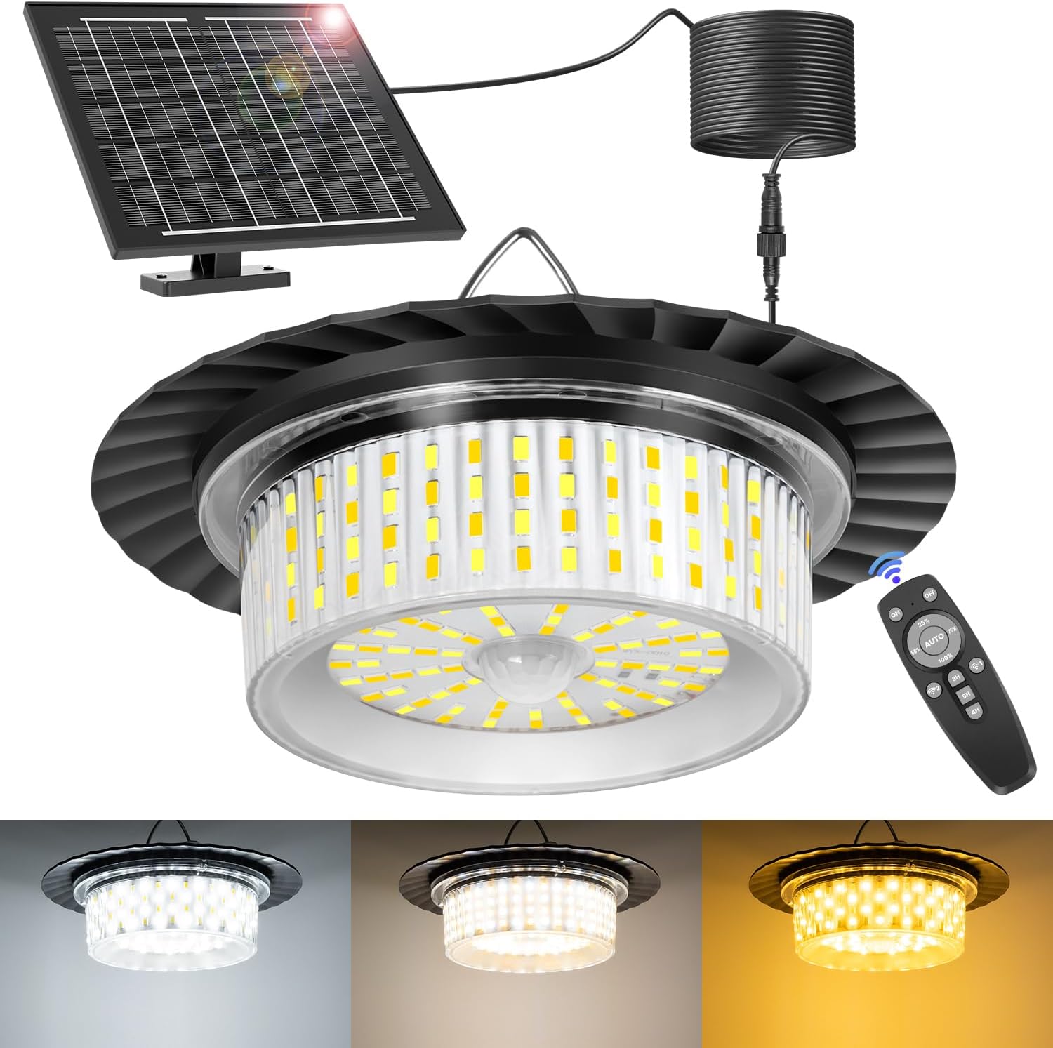 Solar Shed Light Indoor Outdoor, Upgrade Pendant Light 244 LED Three Colors 360° Lighting with Motion Sensor, Waterproof Solar Lights with 3 Modes, Remote & Timer for Shed Gazebo Garage Barn