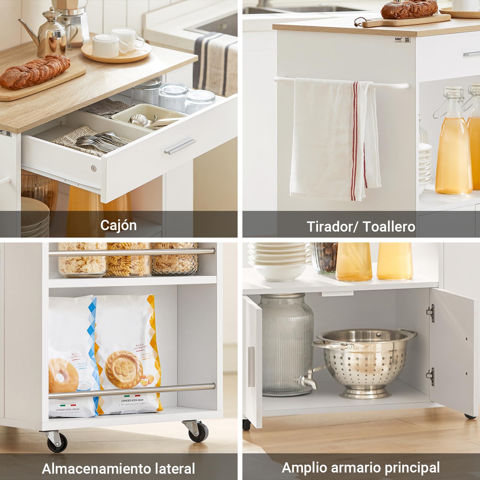 SoBuy Carrito Auxiliar con Ruedas Mueble Auxiliar de Cocina Carro Cocina con Estantes Laterales Cajón Puertas y Toallero Mesa Auxiliar Cocina Blanco 82x46x88 cm FKW113-WN