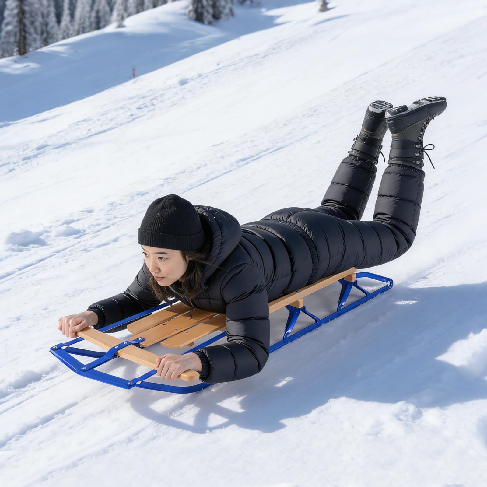 COSTWAY Slittino da Neve, Slittino per Bambini e Adulti con Barra di Direzione, Fori Preforati e Maniglie, Slitta da Neve in Legno e Metallo Vernicato, Carico Massimo 150 kg