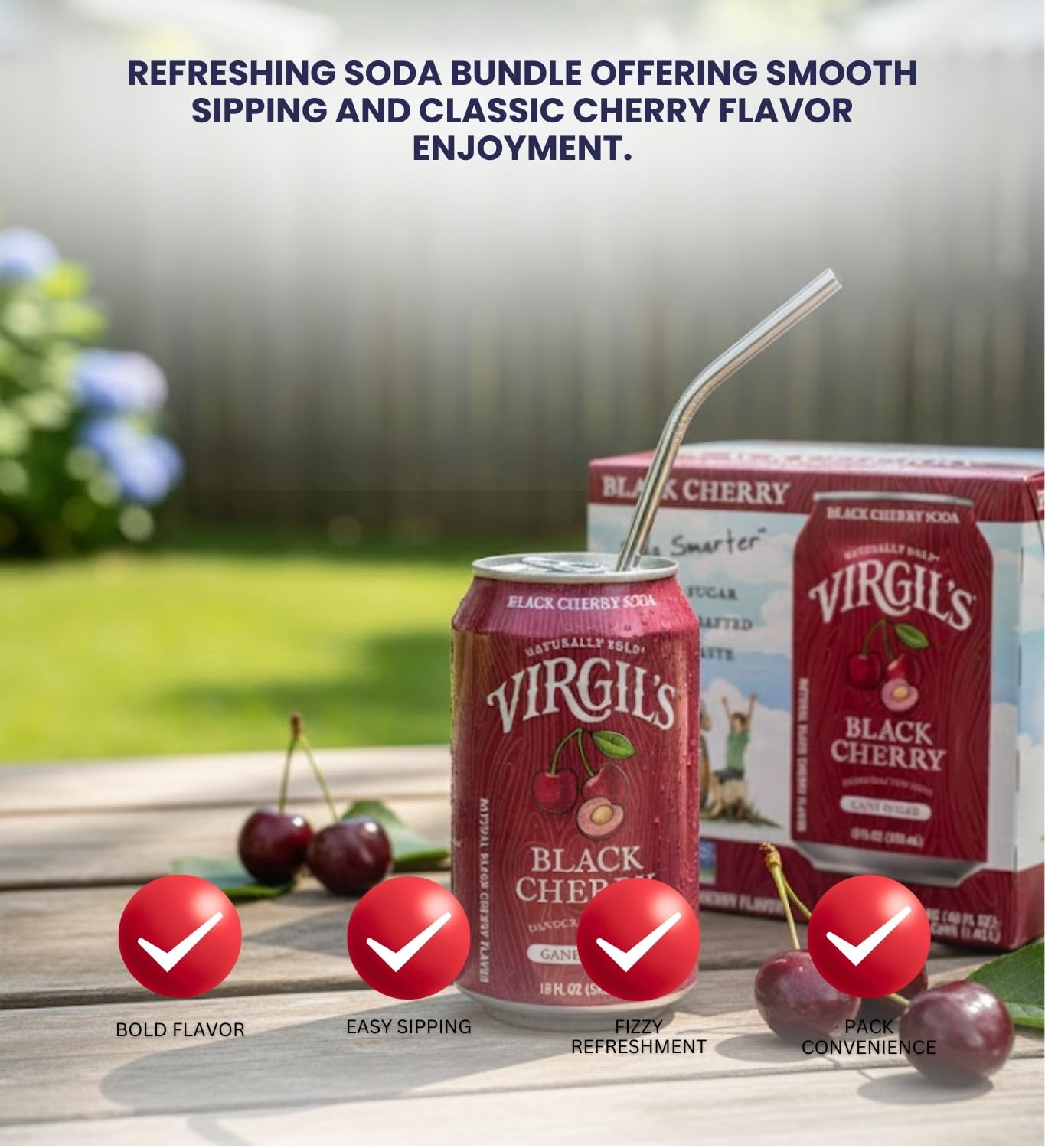 6x Soda Black Cherry 4-Pack Cans 48 fl oz Bundle with Paper Straw 50-Pack — Cherry Soda Handcrafted & Creamy Flavor for Refreshing Drinks — Gift Set (7 Items)