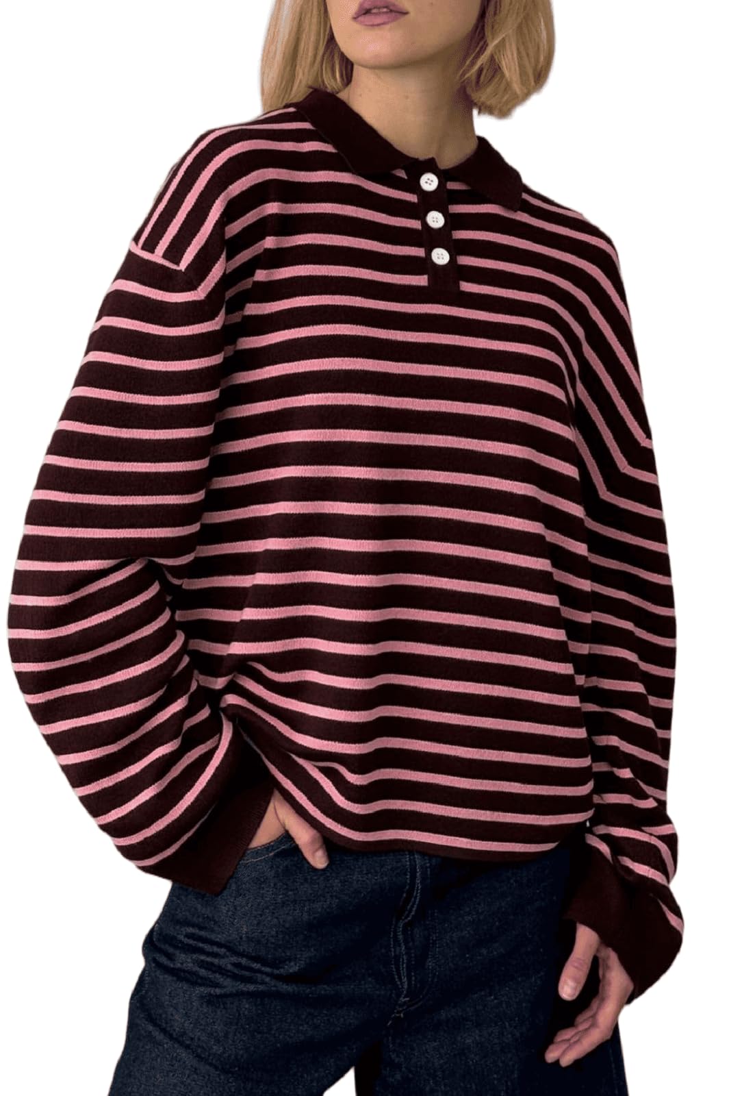Women Y2k Rugby Polo Shirt Striped Knit Sweater Long Sleeve Collared V Neck Sweatshirt Oversized Pullover Tops