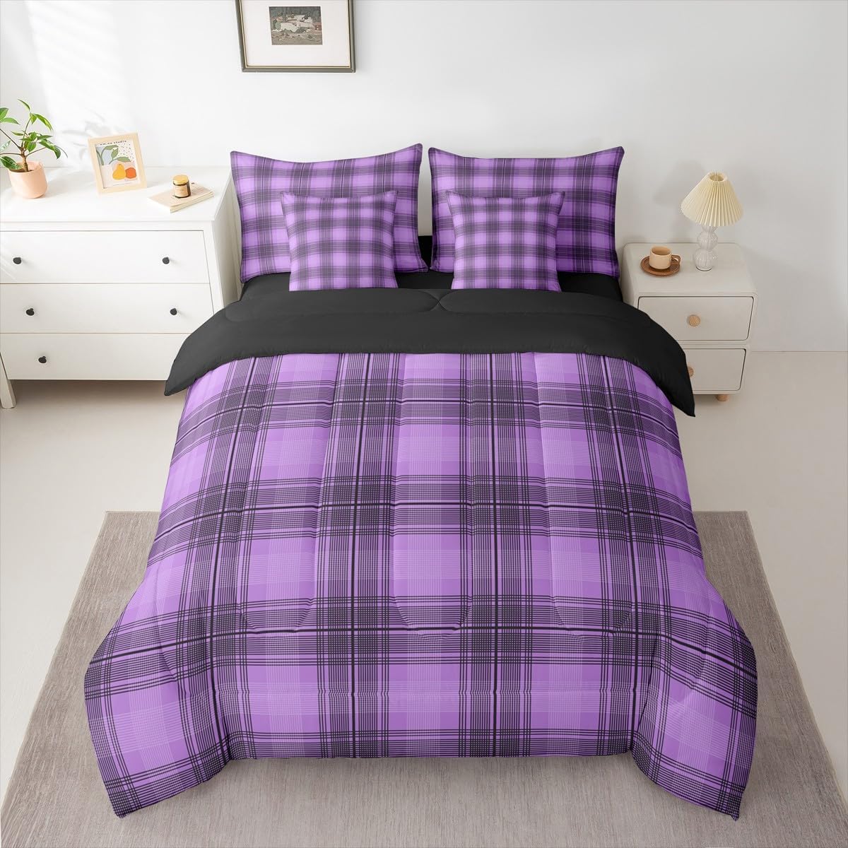 Feelyou Purple Black Plaid Comforter Set Queen Size 7 Pieces Checkered Geometric Bedding Set Kids Adult Vintage Aesthetic Bed in a Bag with Comforter, Sheets, Pillowcases, Cushion Covers