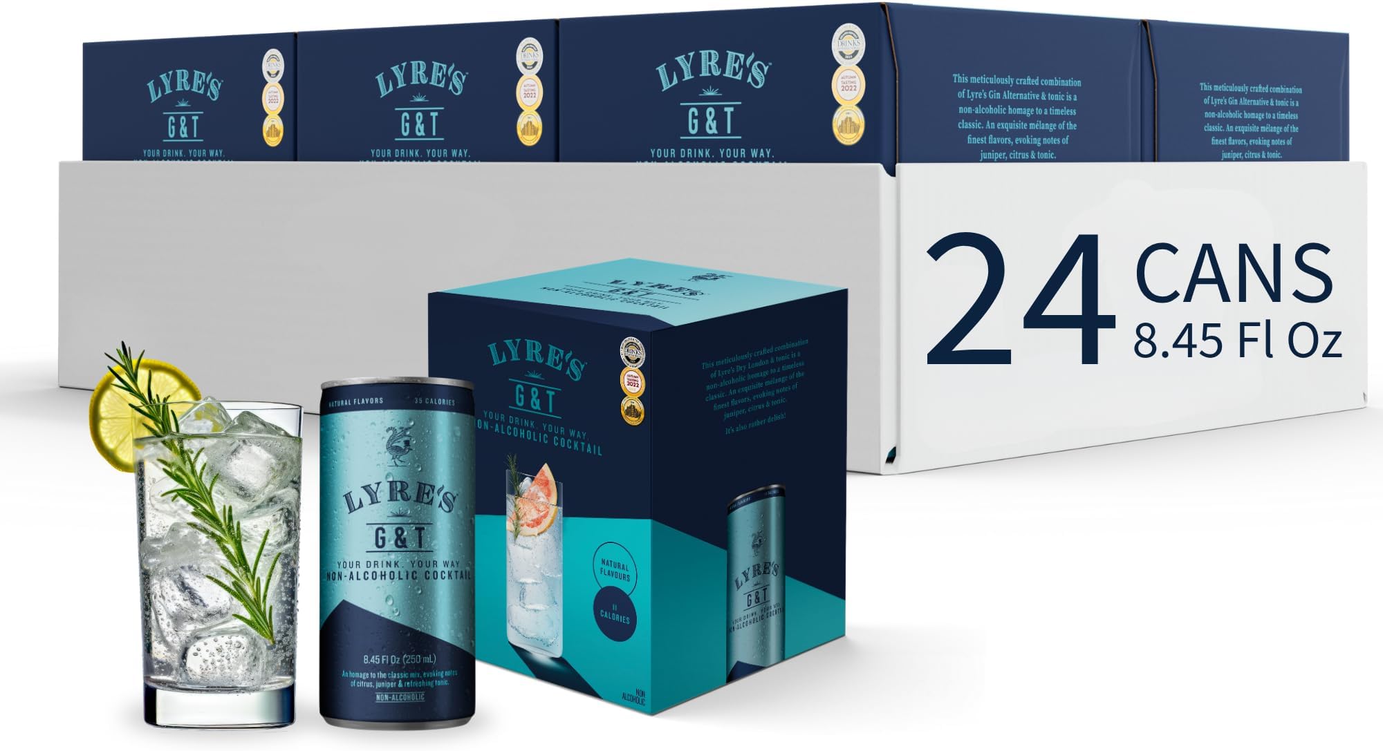 - Lyre’s G&T 24-Pack, Non Alcoholic Gin and Tonic Alternative, Ready to Drink Canned Mocktails, Low Calorie, Gluten Free, Alcohol Free Drinks (8.45 Fl Oz x 24)