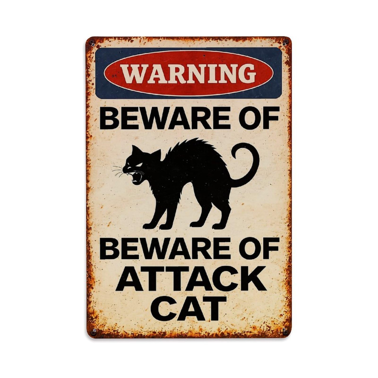 Jdfenggu Vintage Warning Beware Of Attack Cat Retro Metal Tin Sign, Decor Art Poster For Bar, Home, Man Cave, Kitchen, Laundry Room Gift 8X12inch