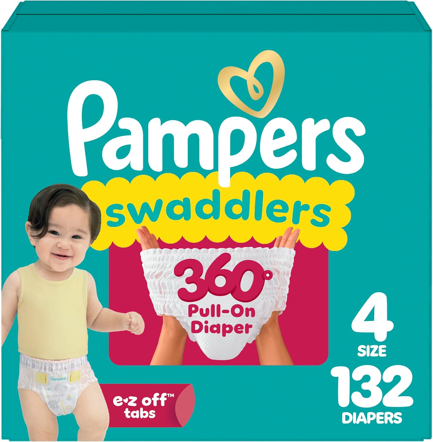 Pampers Diapers - Swaddlers 360° - Size 4, 132 Count, up to 100% Leakproof Comfy Dry Fit, Designed for Easy Changes, Pull On Baby Diaper (Packaging May Vary)