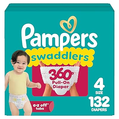 Pampers Diapers - Swaddlers 360° - Size 4, 132 Count, up to 100% Leakproof Comfy Dry Fit, Designed for Easy Changes, Pull On Baby Diaper (Packaging May Vary)