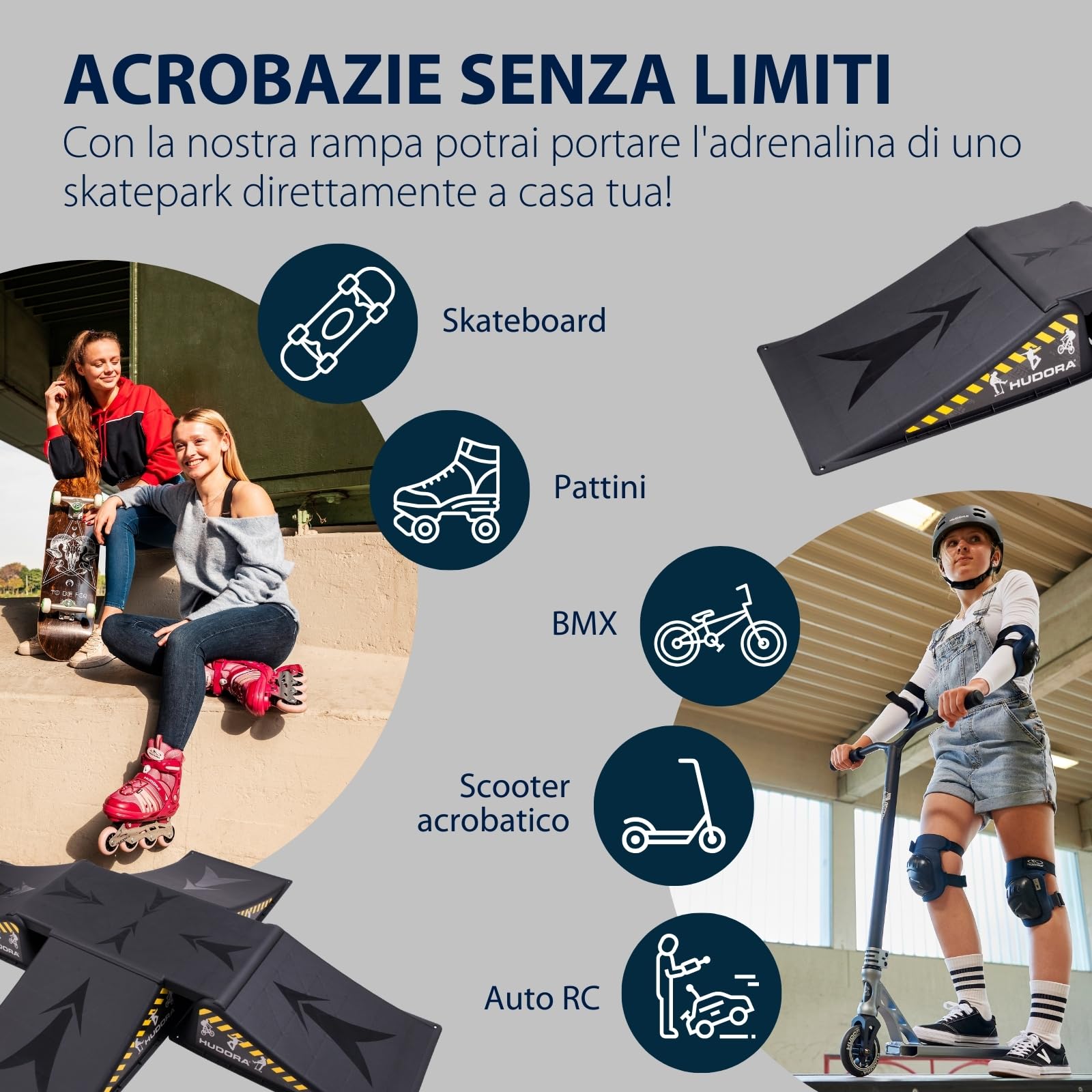 HUDORA Skater Rampe 3 Oder 5-Teilig - Skateboard Rampe, Inline Skates Rampe, Outdoor/Indoor, Skaterrampe Set für Kinder, 80 kg Belastbarkeit, Schwarz