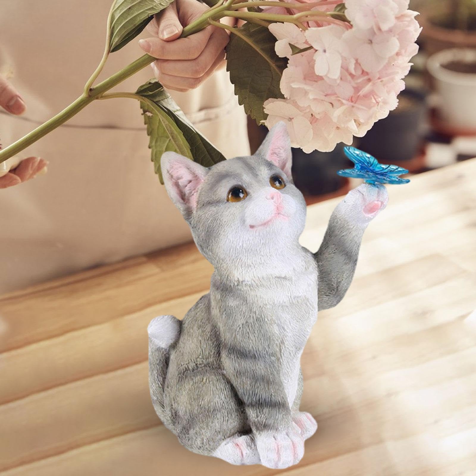 Estatua de Gato de Resina con Luz Solar, Llamativa Escultura Decorativa para Jardín, Figura para Exteriores para La Decoración de Jardín, Patio O Terr, Gris