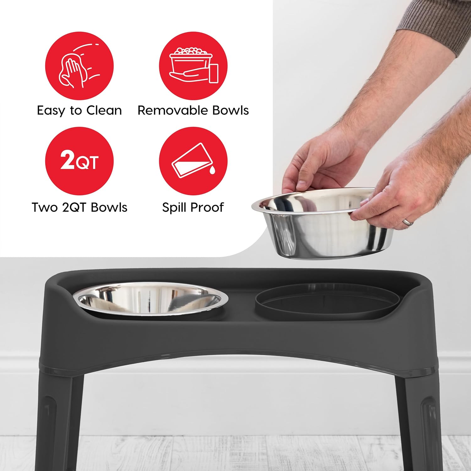IRIS USA Elevated Dog Bowls Adjustable Stand, Raised Feeding Station with 2 Stainless Steel 64 oz Bowls, Spill Guard, Dual Height 12.25" or 4.63", Made in USA, Black