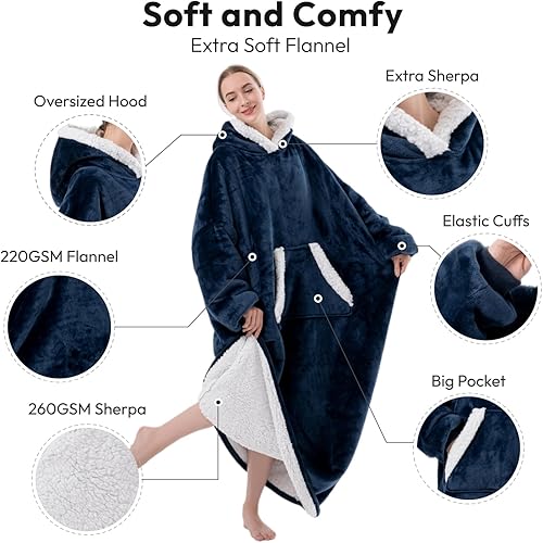 Vista 2 de Sioloc - Manta con capucha de gran tamaño para mujeres/niños/hombres, sudadera con capucha de sherpa extragrande y acogedora Azul marino