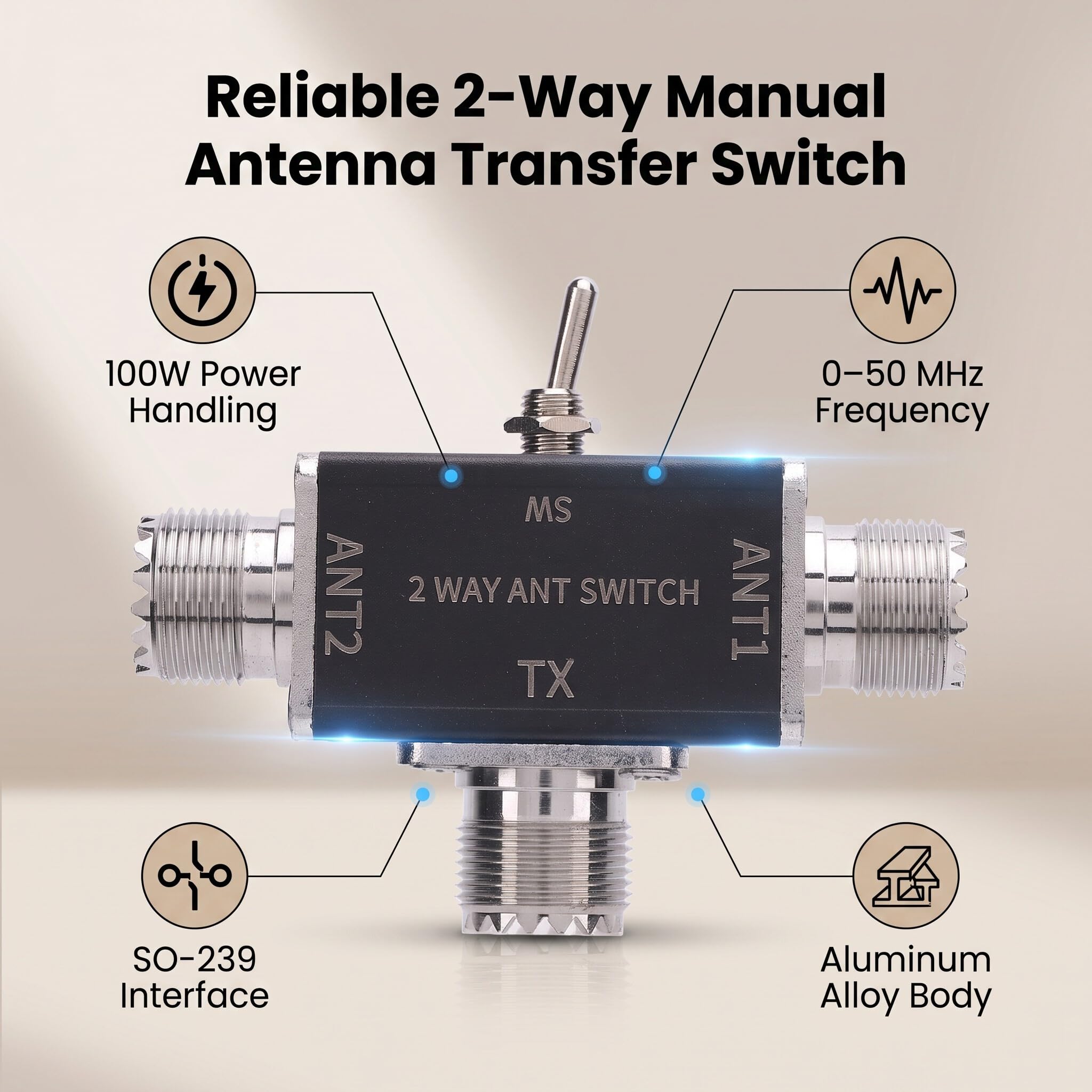 Fafeicy Antenne a 2 Vie Splitter Manuale di Trasferimento Antenne 1 Ingresso 2 Uscita 0-50 MHz 100W SO239 Interfaccia con Guardia di Messa a Terra per Ham Radio CB VHF UHF