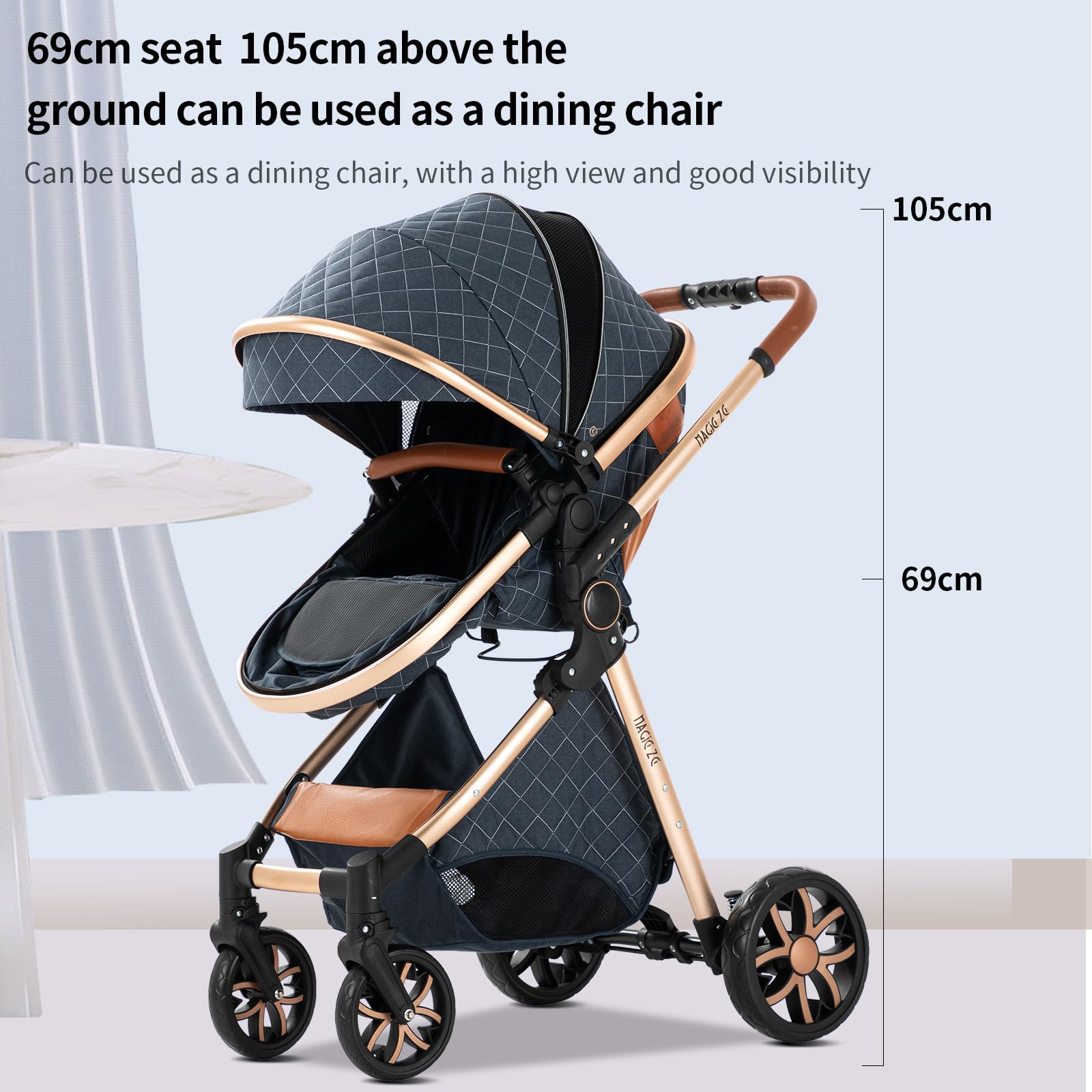 Passeggino 3 in 1 Neonati da Viaggio Reversibile Pieghevole One-Click Doppia Freno (Black)