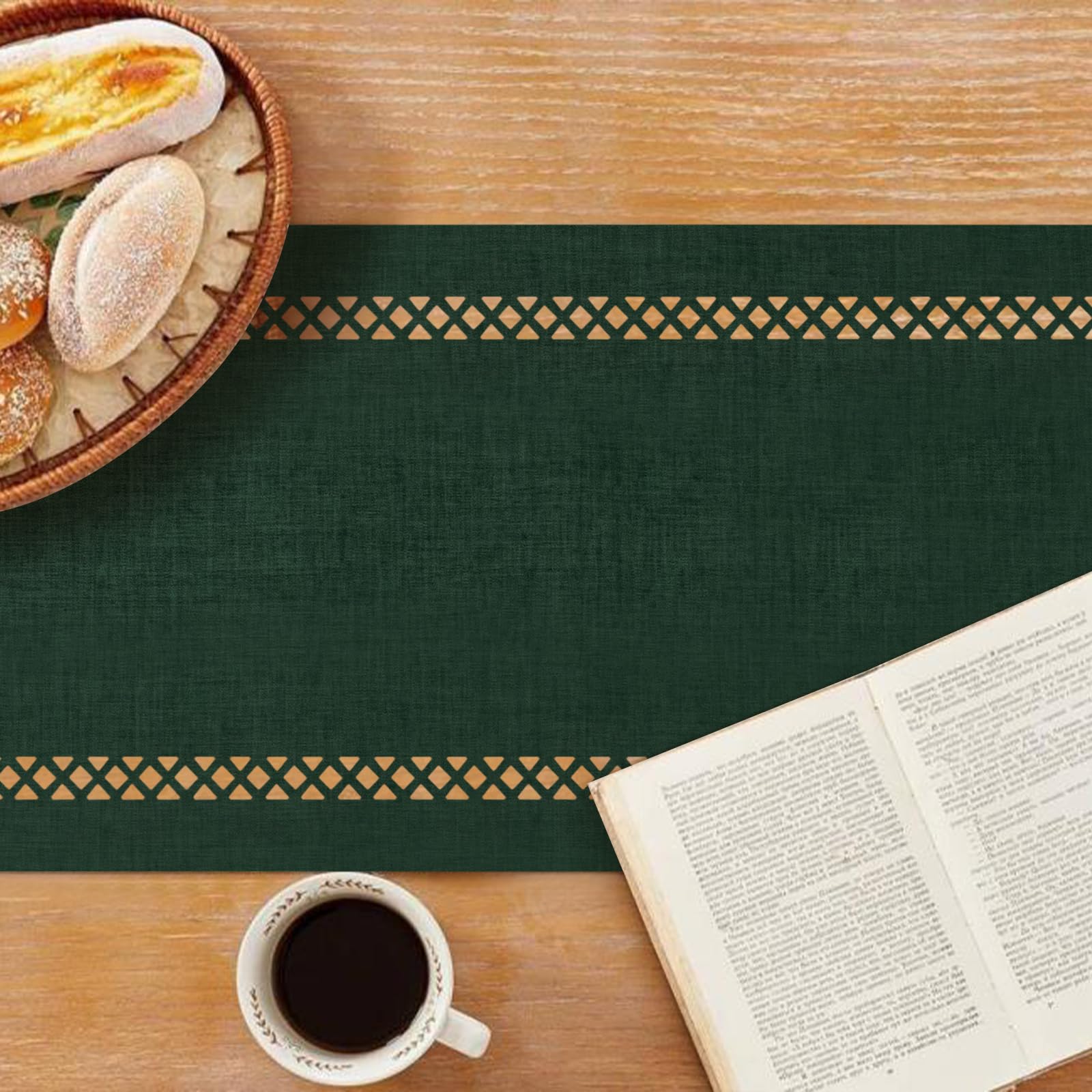 BAZIOE Modern Table Runner Green Linen Table Runner Washable Openwork Design Ideal for Holiday Party Decoration Dining Table - Image 3