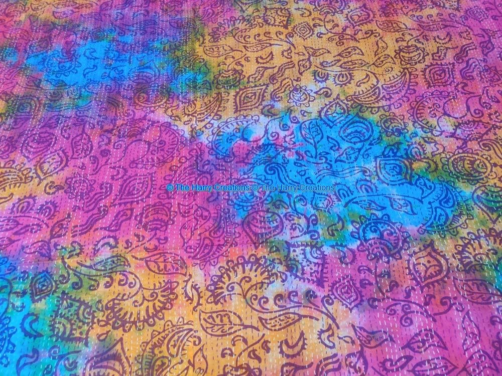 The Harry Creations 100% Cotton Tie Dye Coverlet Bohemian Ethnic Bed Kantha Printed Throw Handmade Blanket Bedspread Decor Quilt (Fab India Print, Twin 60" x 90")