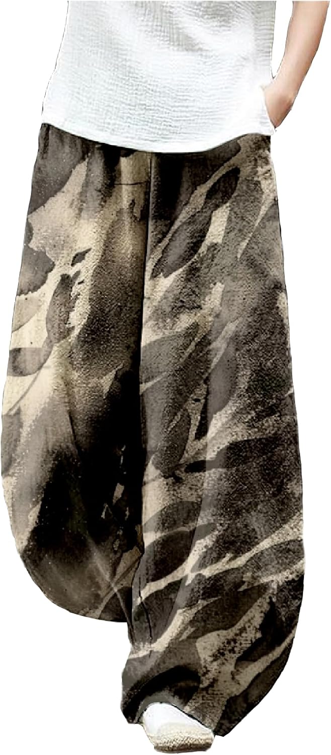 MARSVOVO Flowy Pants for Women Summer Baggy Floral Print Trousers Pants Breathable Wide Leg Lantern Trouser with Pockets