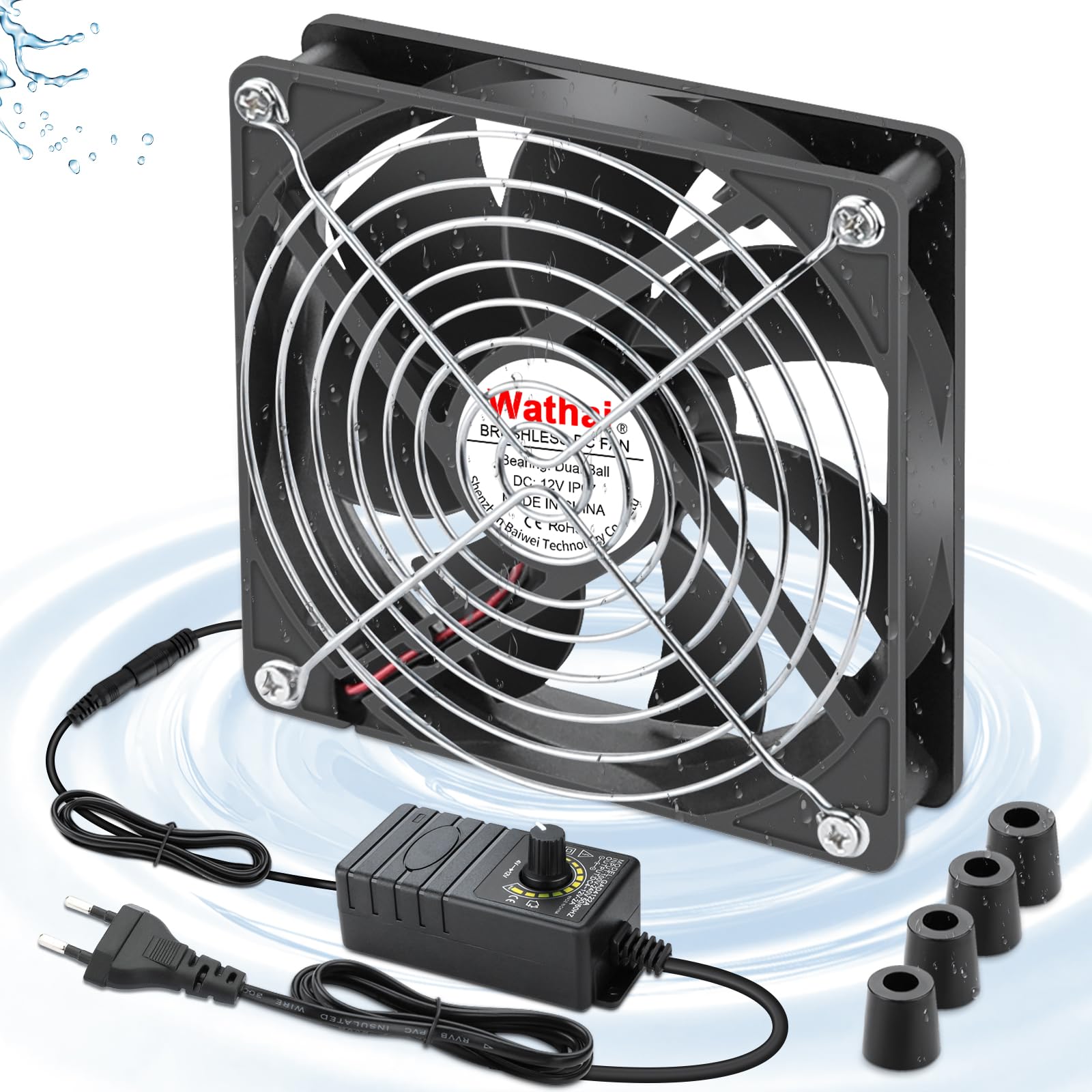 Wathai Ventilatore piccolo da 120 mm x 25 mm, IP67, 12 V, con spina AC, regolatore di velocità 220 V, 230 V, 240 V, per scatola Biltong, tenda da terra, terrario, acquario, serra