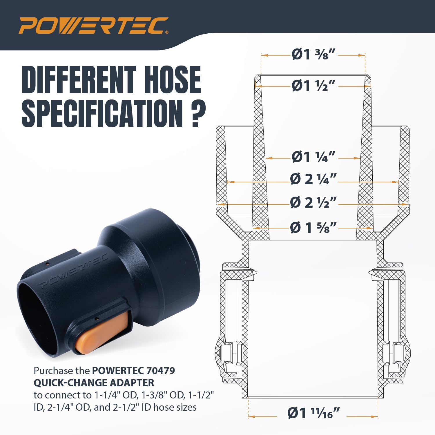 POWERTEC 70496 Drill Dust Collection Base w/Suction Mount & 10' Dust Collection Hose Kit, Drill Base w/ 4 Interchangeable Drill Guide Bushings 1/4", 5/16", 3/8", 1/2" –Supports Hole Size Up to 2-5/8"