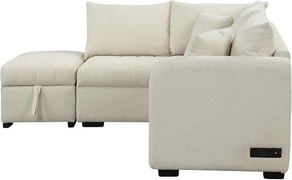 LUMISOL 82.6 Convertible Sleeper Sofa Bed with Storage Ottoman, L-Shaped Sectional Sofa with Charging Stations, Pull Out Sofa Couch with Chaise for Living Room, Apartment, Beige