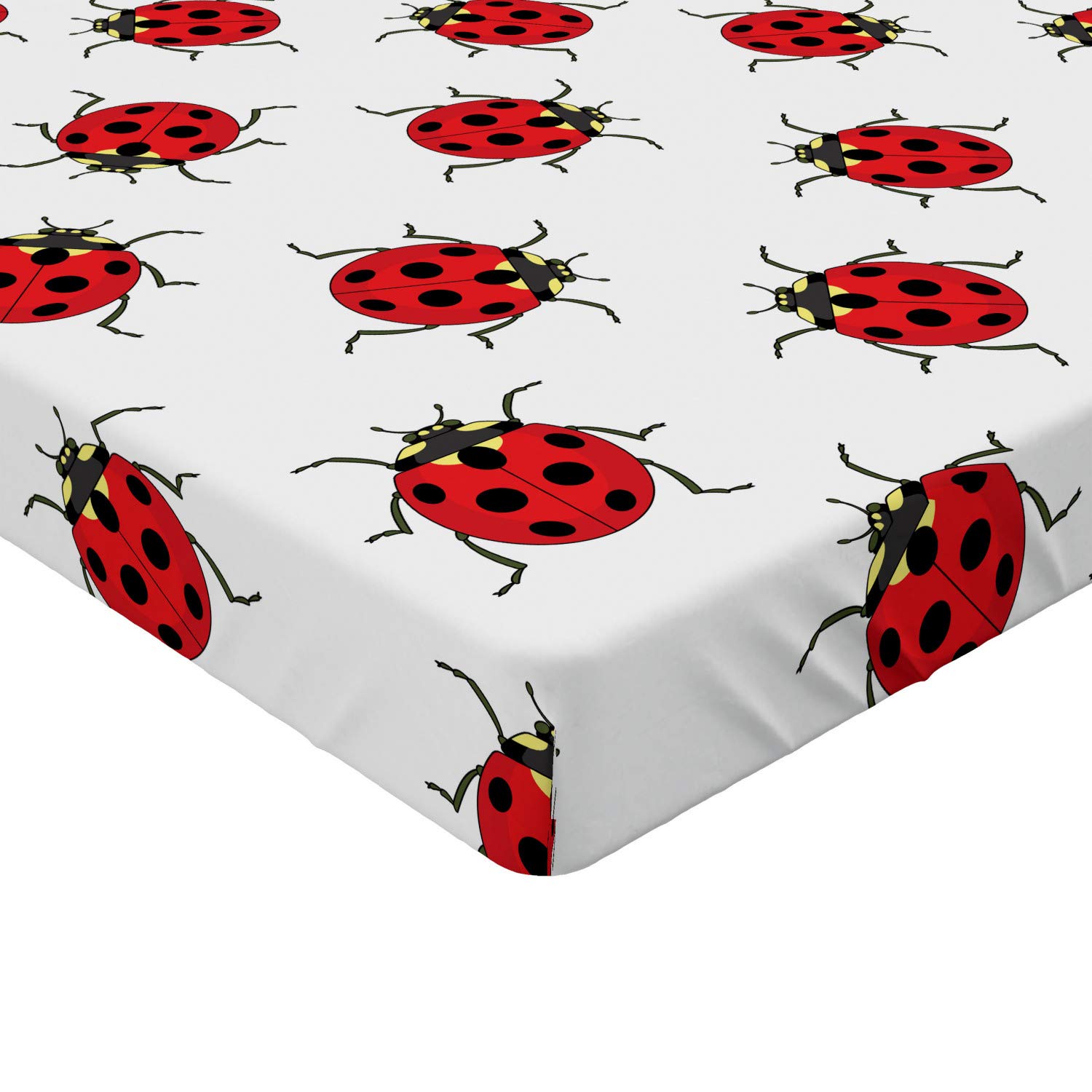 Ambesonne Cartoon Fitted Sheet, Repetitive Ladybugs Pattern of Dotted Marked Animal Theme Funny Cartoonish Print, Soft Decorative Fabric Bedding All-Round Elastic Pocket, Full Size, White