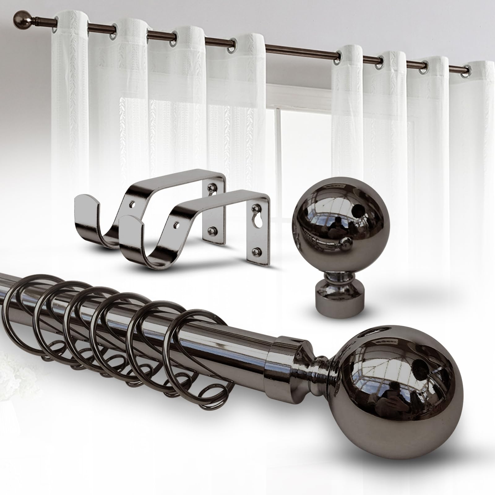 Imperial Rooms Plain Metal Ball Curtain Poles Metal Extendable - Includes Curtain Rod, 60mm Size Finials, Rings, Brackets & Fittings Set (Black Nickel, 160-300 Cm, 63 Inches to 118 Inches)