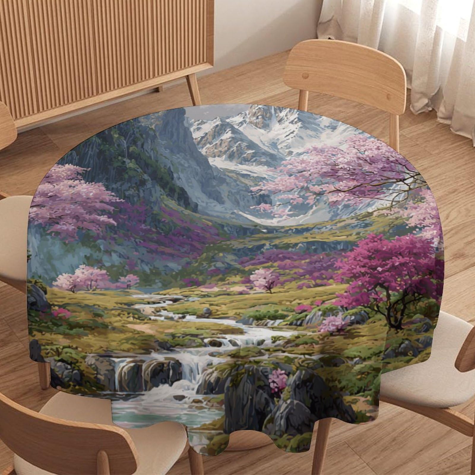 Luyysky Fantasy Watercolor Cherry Blossom Waterproof Round Tablecloth Retro Beautiful Spring Waterfall Japanese Cherry Blossoms Washable Table Cover For Kitchen-177.8" Wx177.8 L Cm