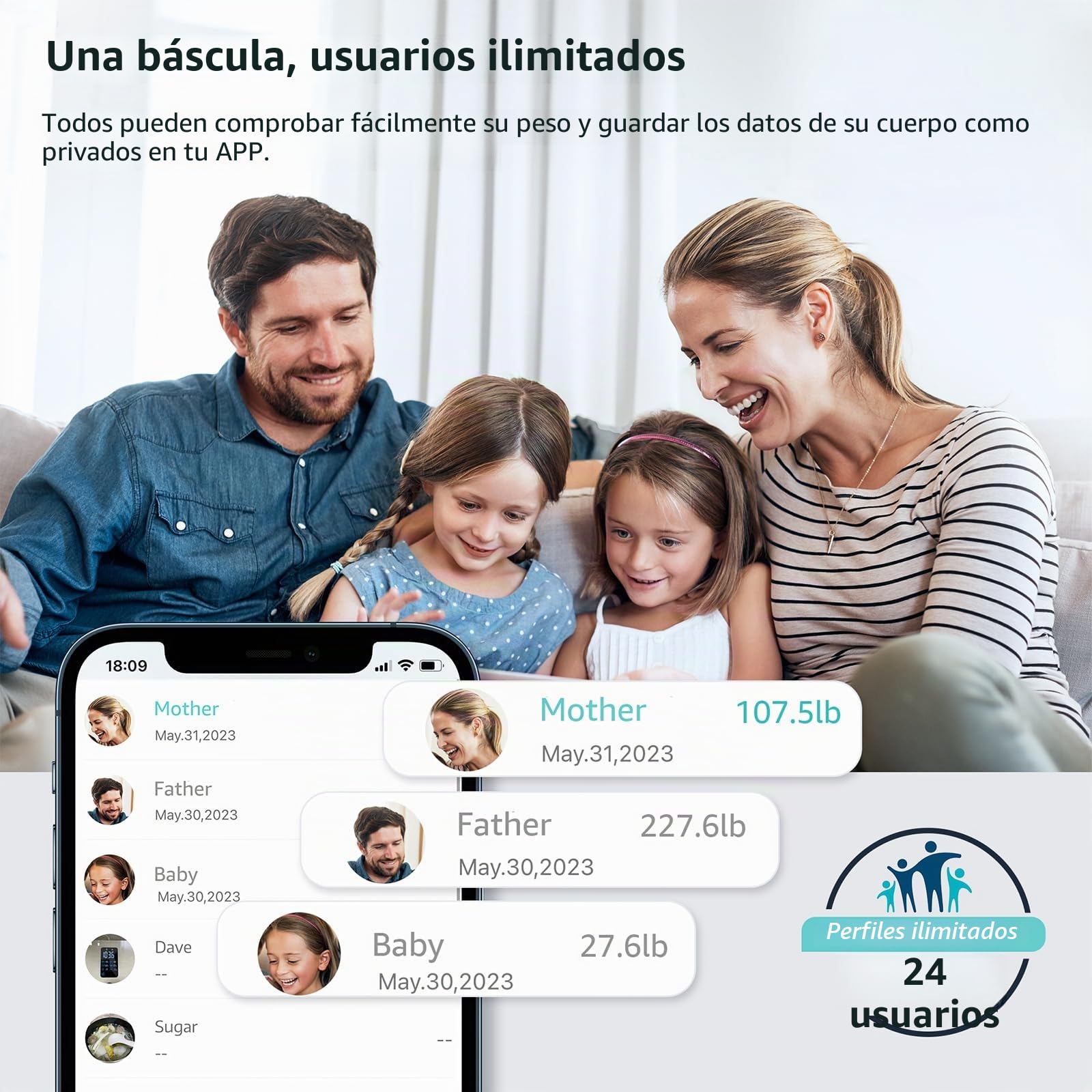 Báscula de Baño Digital Inteligente con Sincronización en App - 13 Indicadores de Composición Corporal Grasa Músculo IMC Agua Alta Precisión hasta 180 kg, Báscula de Fitness para Hombre y Mujer