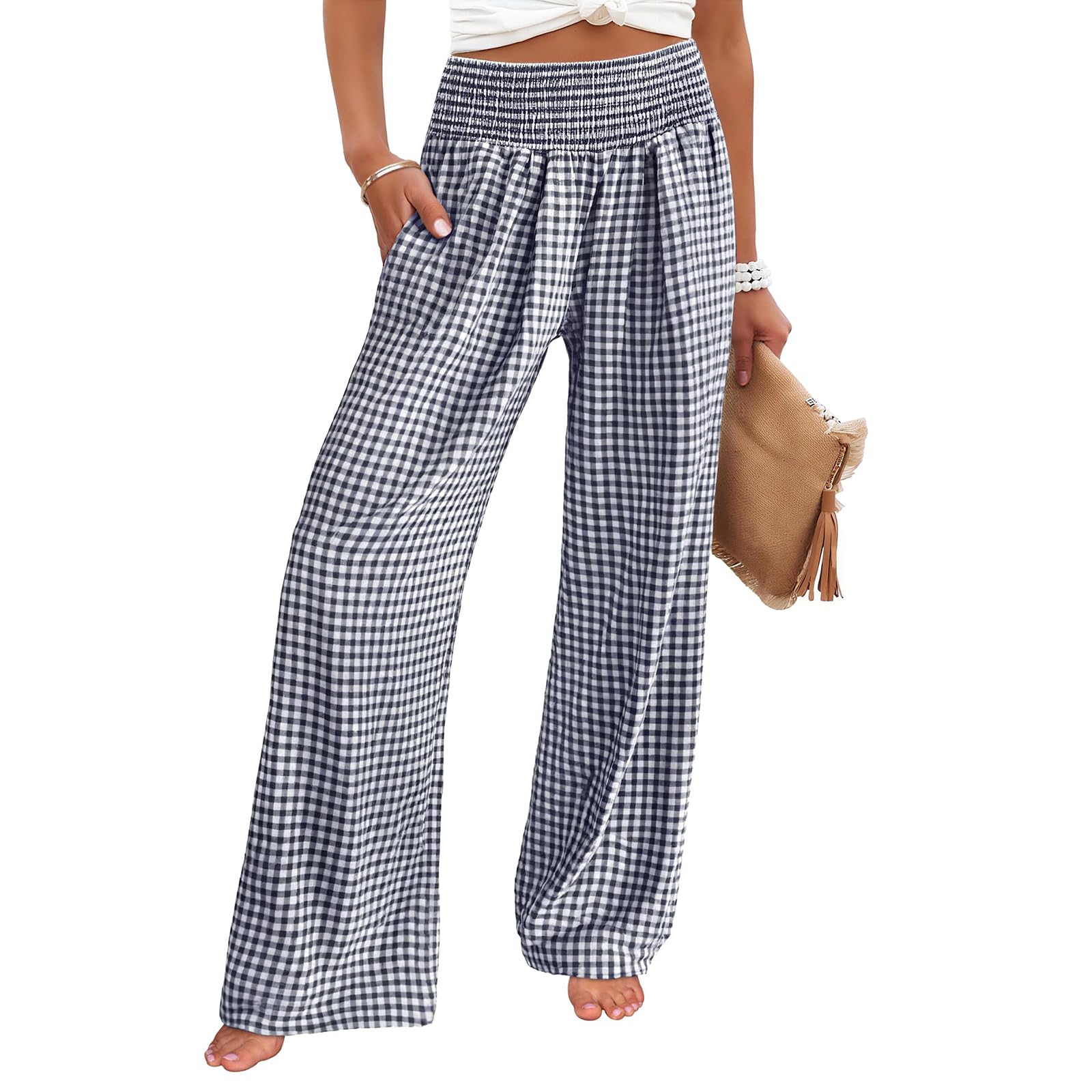 Baggy Wide Leg Palazzo Pants for Women Trendy High Waisted Checkered Linen Pants Flowy Lounge Trousers with Pockets