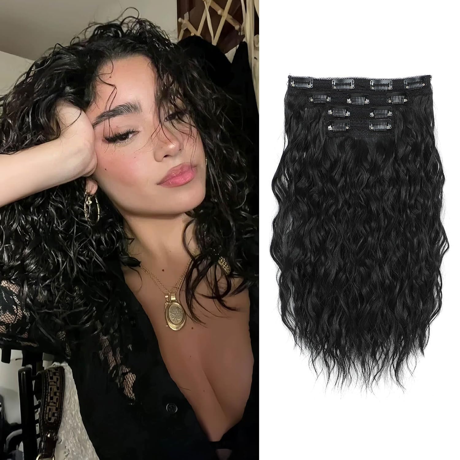 Flyroseing Black Hair Extensions,4PCS Clip in Hair Extension 14" Short Curly Hair Extensions Seamless Lace Weft Natural Soft Mermaid Waves Hairpieces for Women