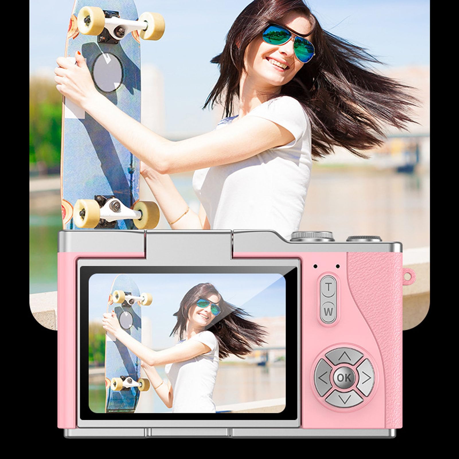 Fotocamera Fotografica Digitale 1080p 48mp da 2,4 Pollici HD Display 8x Videocamera Zoom Elettronica per Fotografia Esterna (Roseo)