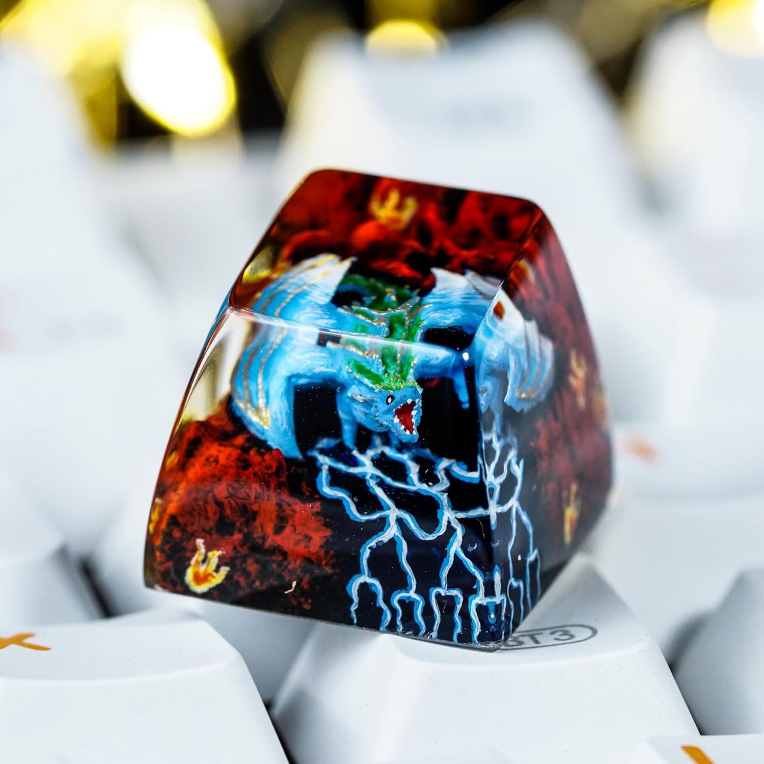 Blue Dragon with Volcano Artisan Keycap R1 SA Profile Custom Fantasy Dragon Keycaps 1U ESC Handmade Gaming Resin Key Cap Cherry MX Switch Compatible Mechanical Keyboard Dragon Lover Gift