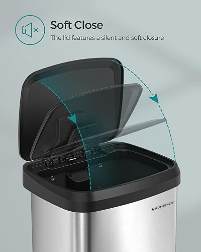 Miniatura 6 de SONGMICS - Basurero de cocina de acero inoxidable de 13 galones (50 litros), con tapa abierta y pedal de pie, cierre suave, alto, grande y ahorra