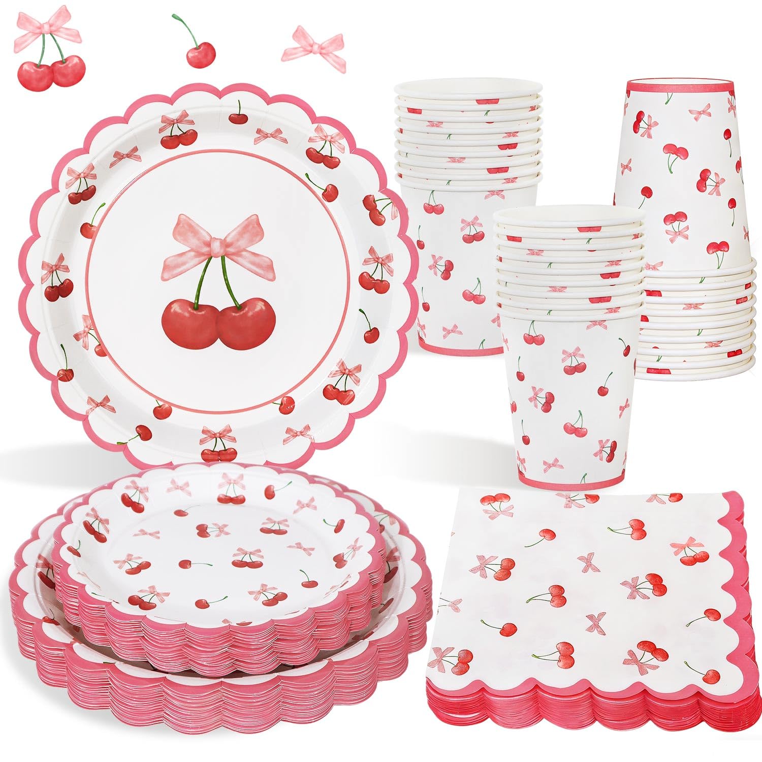 Heboland 100 Pcs Cherry Party Tableware Set for 25 Guests, Coquette Pink Bows & Cherry Birthday Party Plates Cups and Napkins for Baby Shower, Summer Fruit Afternoon Tea Party Supplies